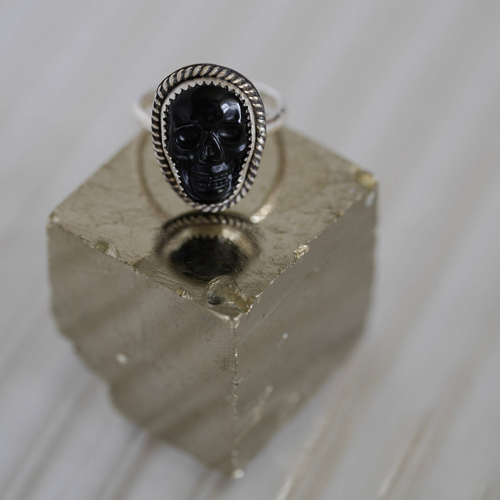 Black Onyx Gemstone Skull Ring in Sterling Silver
