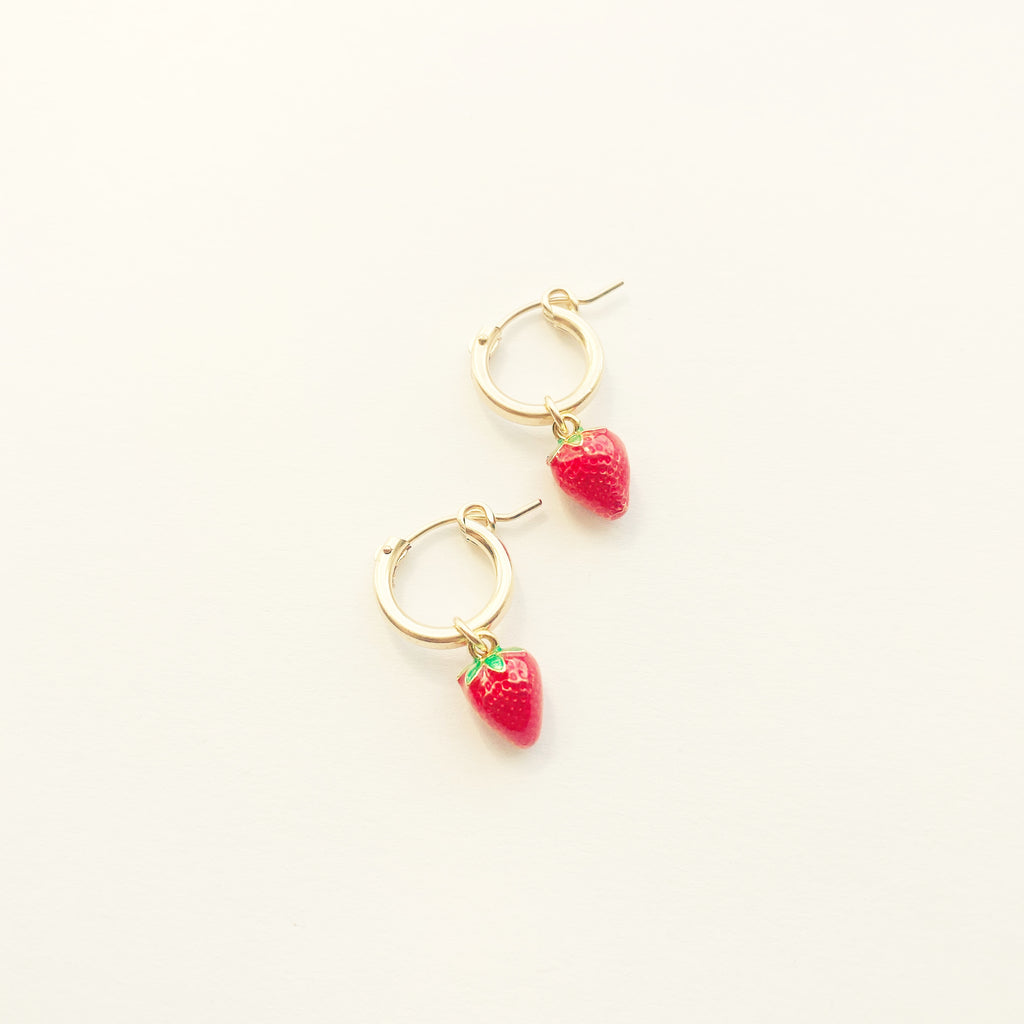 Dainty Strawberry Charm Huggie Hoop Earrings