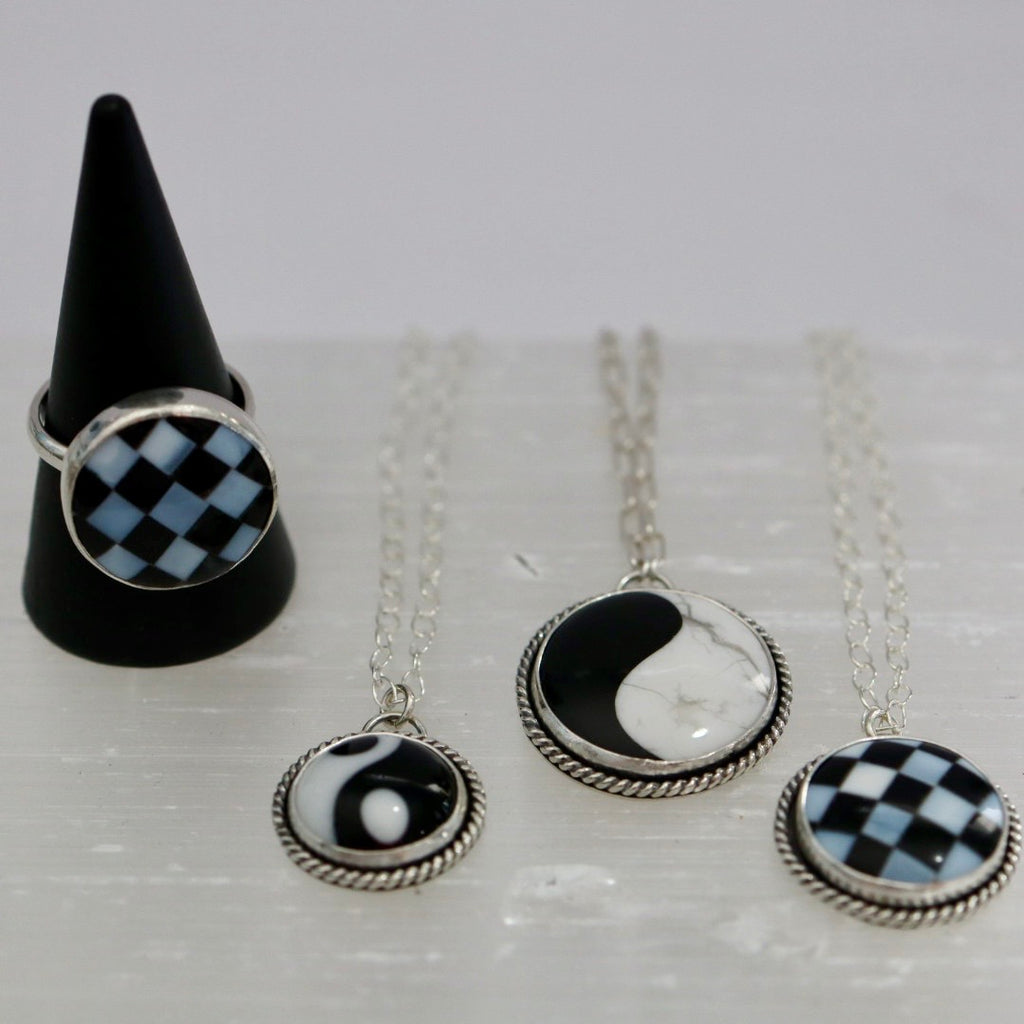 Black and White Checkered Gemstone Necklace in Sterling Silver / Ready to Ship