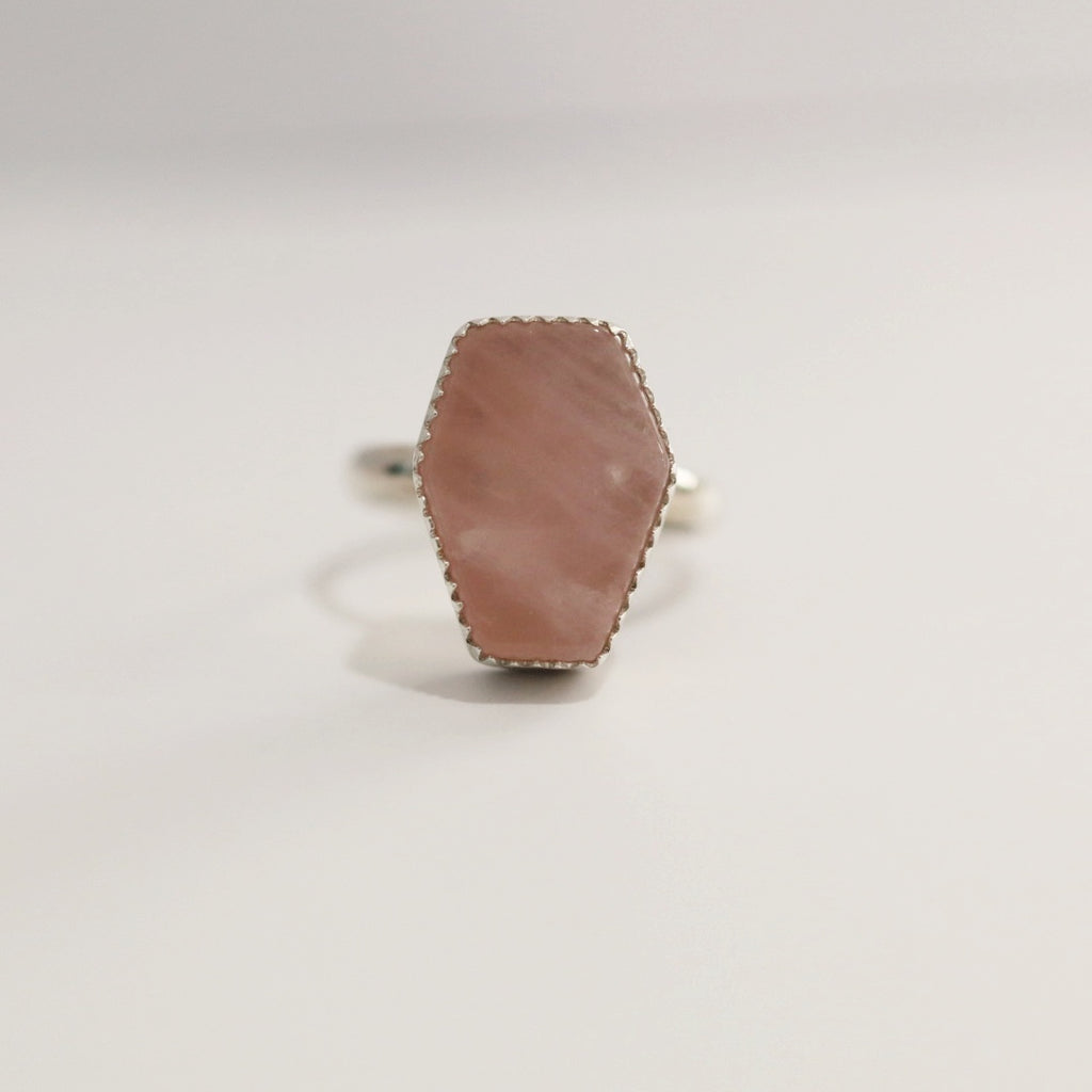 Rose Quartz Gemstone Coffin Ring in Sterling Silver / Ready to Ship size 6.5 and 9.5