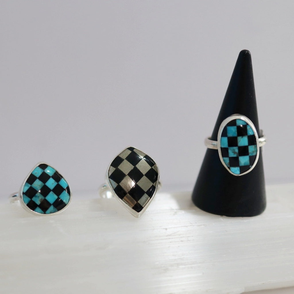 Checkered Shield Ring in Sterling Silver / Onyx & Pyrite / Ready to Ship size 8