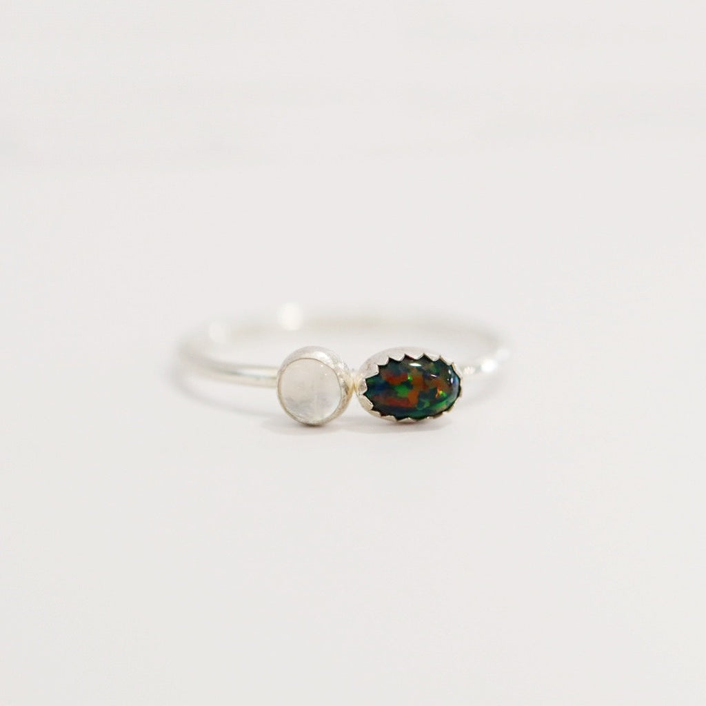 Moonstone and black opal double gemstone ring