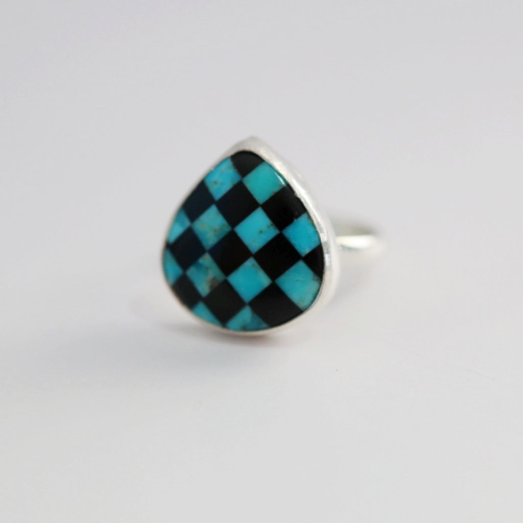 Teardrop Checkered Ring in Black and Turquoise / Sterling Silver / Ready to ship size 6