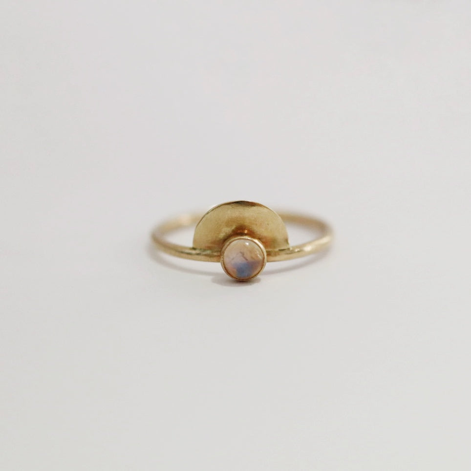 Semi Circle Gemstone Ring in 14 Karat Yellow Gold / Moonstone / Ready To Ship Size 6