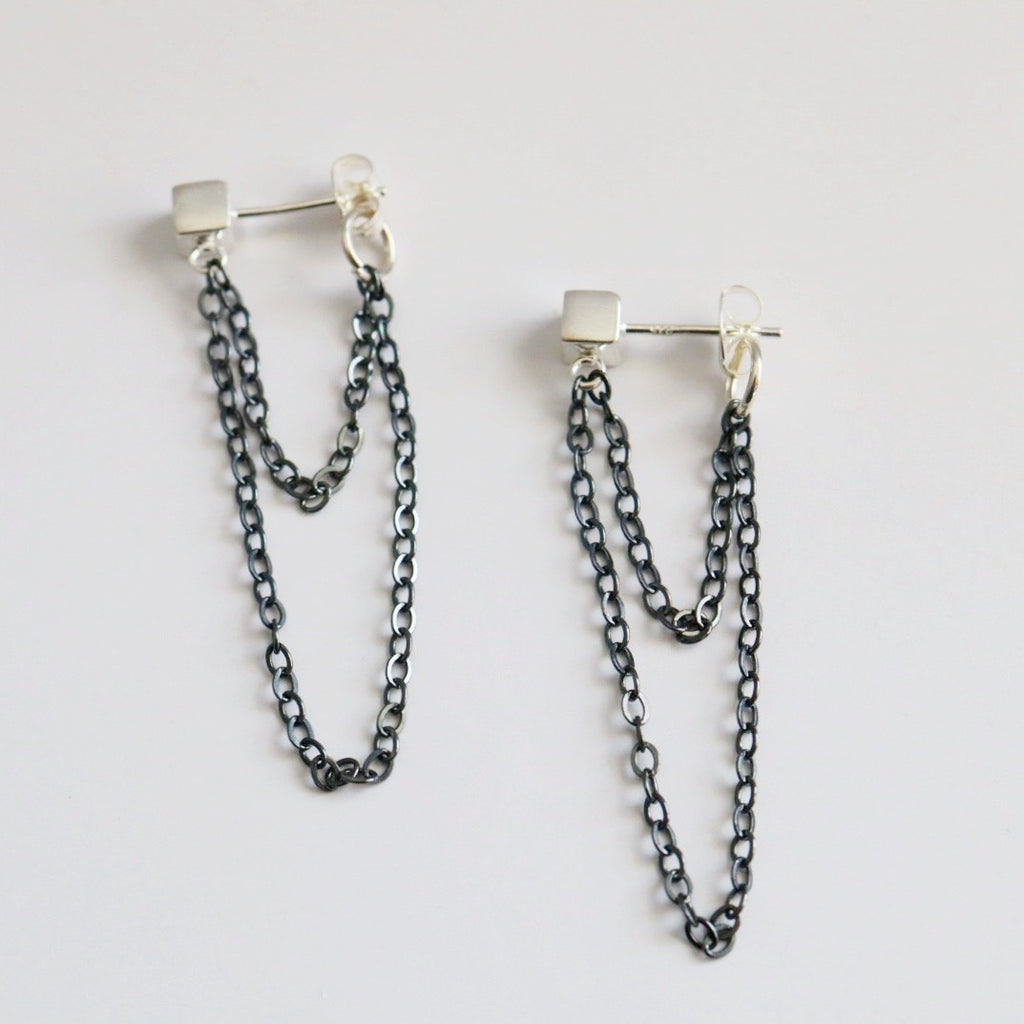 Sterling Silver and Oxidized Sterling Silver Double Chain Drop earrings