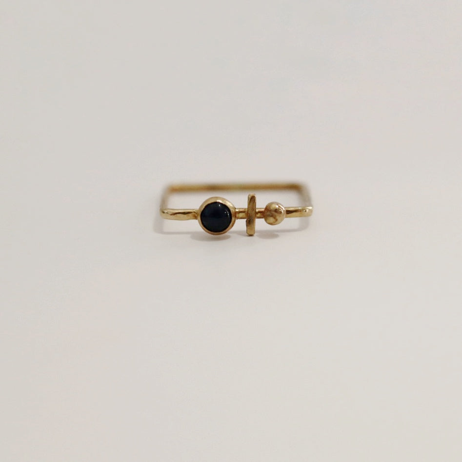 14 Karat Gold Geometric Gemstone Square Ring with Blue Sapphire, Ball, and Bar / ready to ship