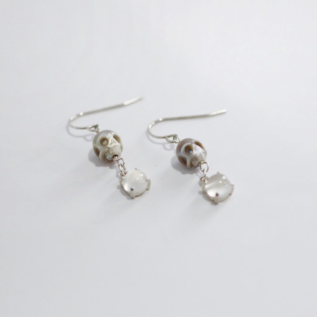 Skull Pearl and Moonstone Sterling Silver Earrings / ready to ship