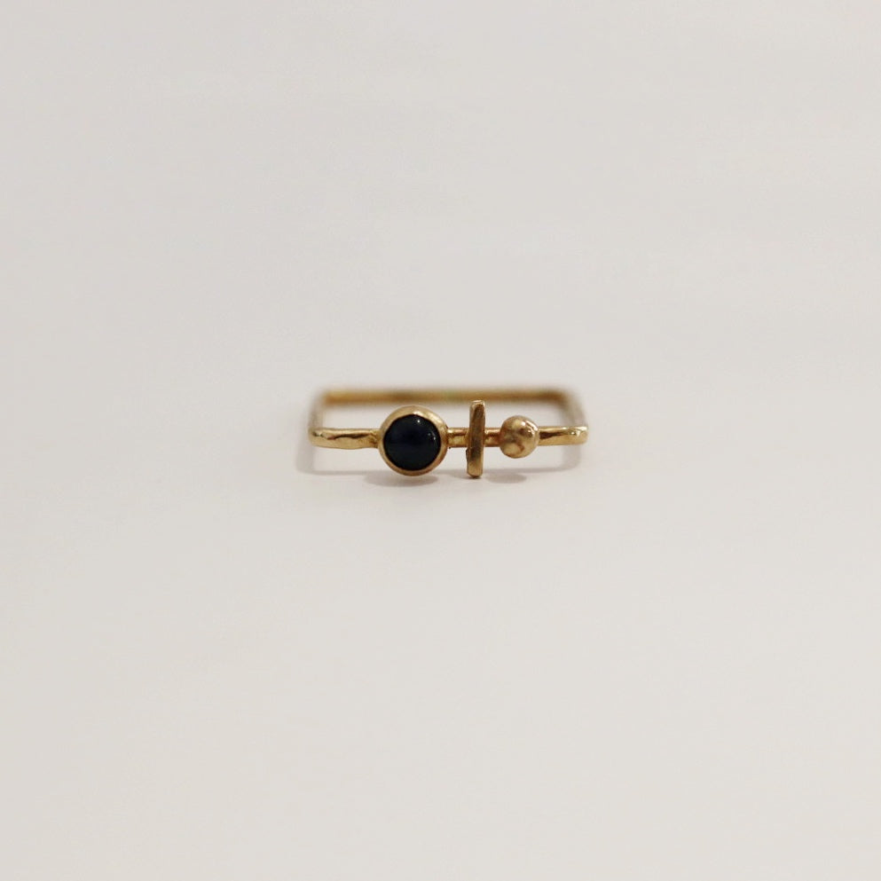 14 Karat Gold Geometric Gemstone Square Ring with Blue Sapphire, Ball, and Bar / ready to ship