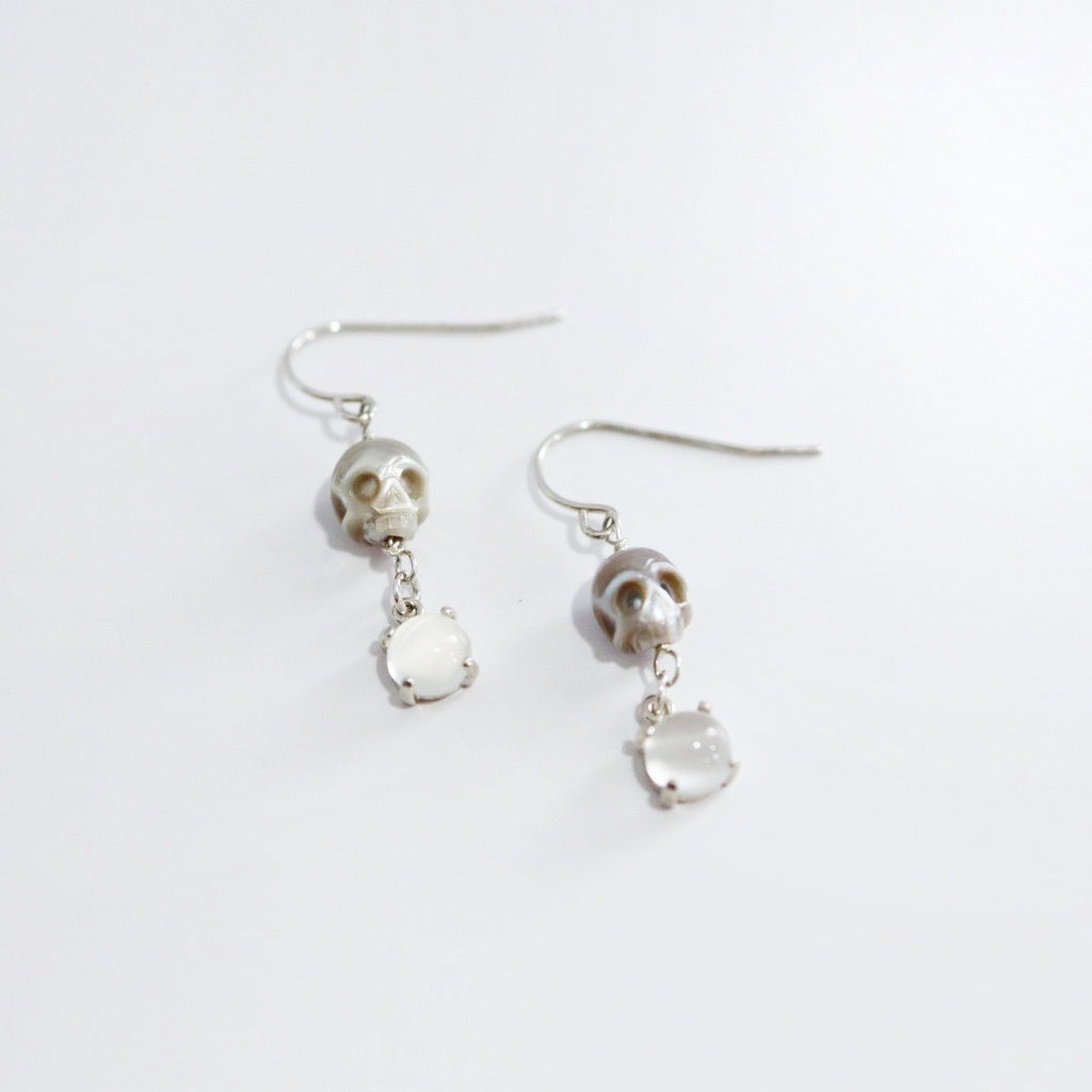 Skull Pearl and Moonstone Sterling Silver Earrings / ready to ship