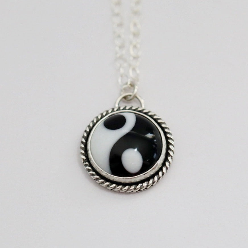Black and White Peace Sign Necklace in Sterling Silver / Ready to Ship