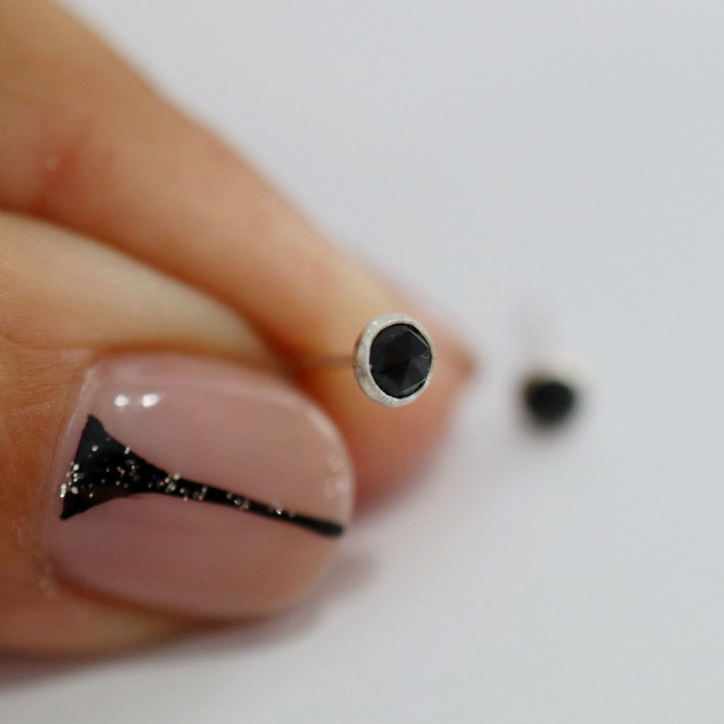 Black Spinel Gemstone Stud Earrings in Sterling Silver / ready to ship
