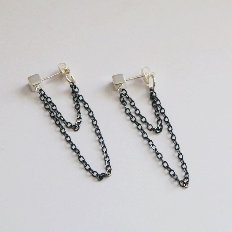 Sterling Silver and Oxidized Sterling Silver Double Chain Drop earrings