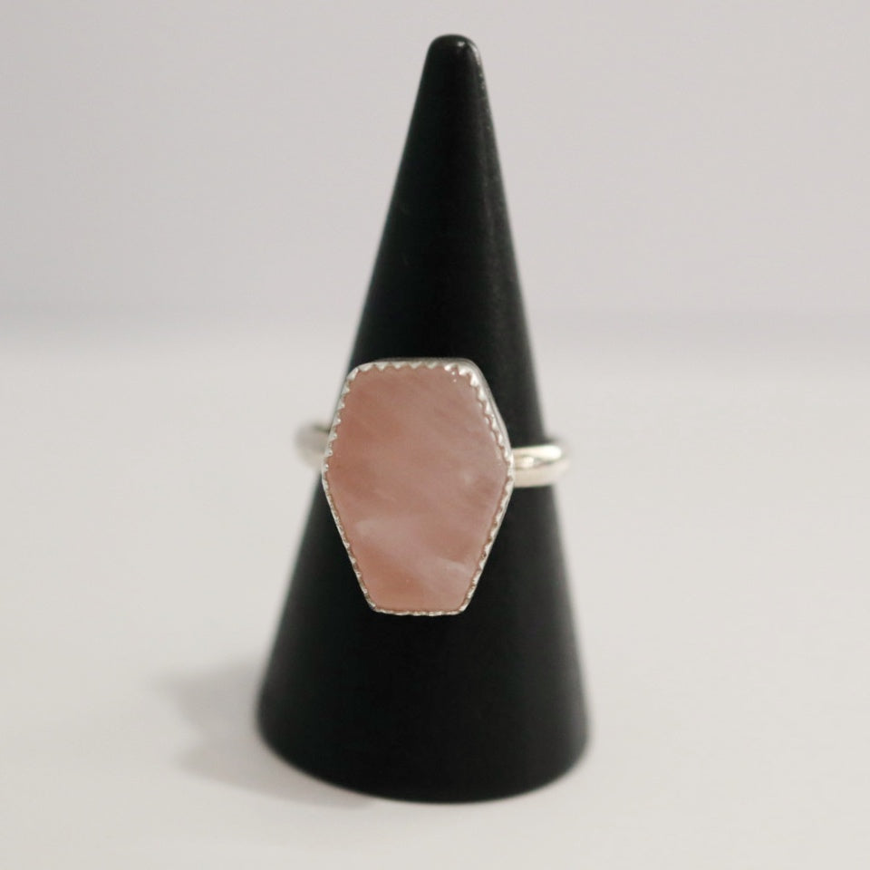 Rose Quartz Gemstone Coffin Ring in Sterling Silver / Ready to Ship size 6.5 and 9.5