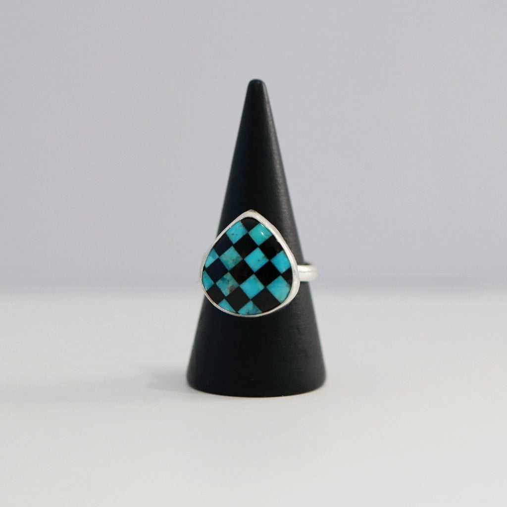 Teardrop Checkered Ring in Black and Turquoise / Sterling Silver / Ready to ship size 6