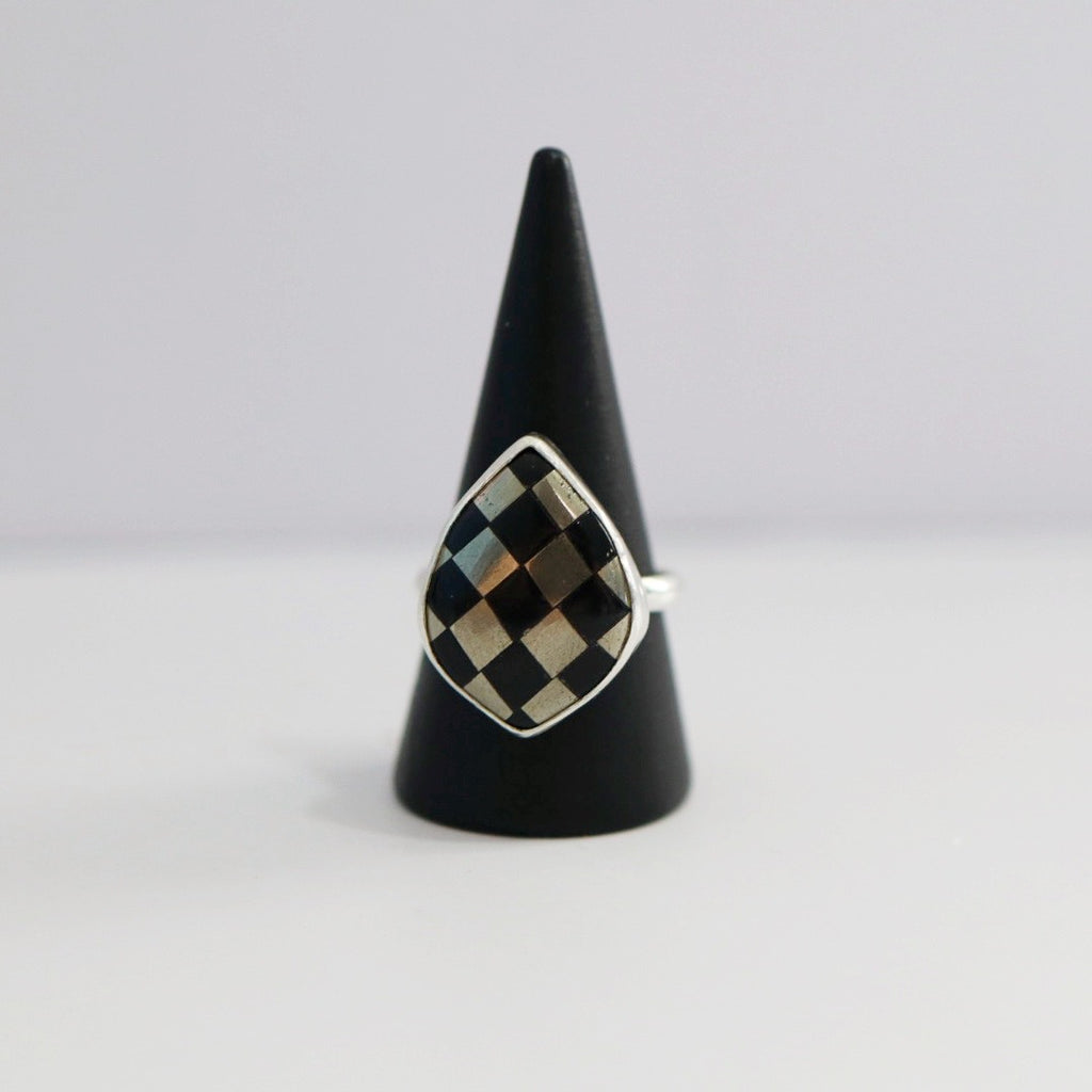 Checkered Shield Ring in Sterling Silver / Onyx & Pyrite / Ready to Ship size 8
