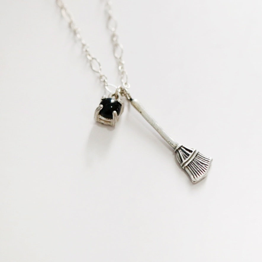 Broom and Gemstone Sterling Silver Charm Necklace / Ready to ship