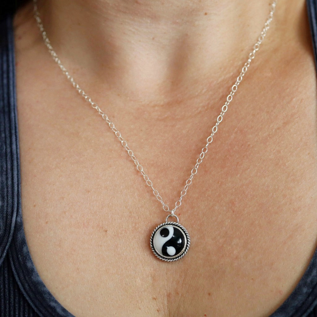 Black and White Peace Sign Necklace in Sterling Silver / Ready to Ship