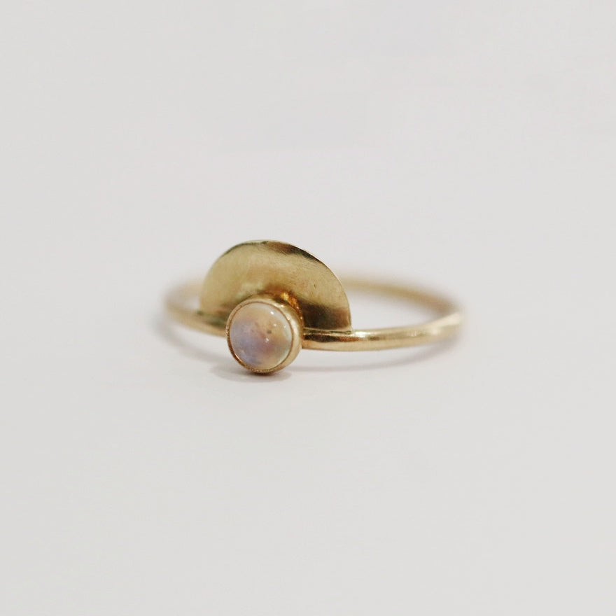 Semi Circle Gemstone Ring in 14 Karat Yellow Gold / Moonstone / Ready To Ship Size 6