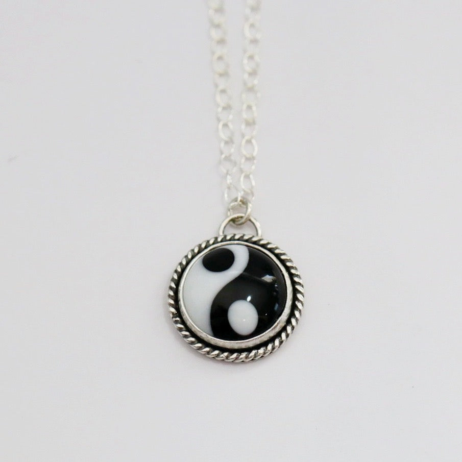 Black and White Peace Sign Necklace in Sterling Silver / Ready to Ship