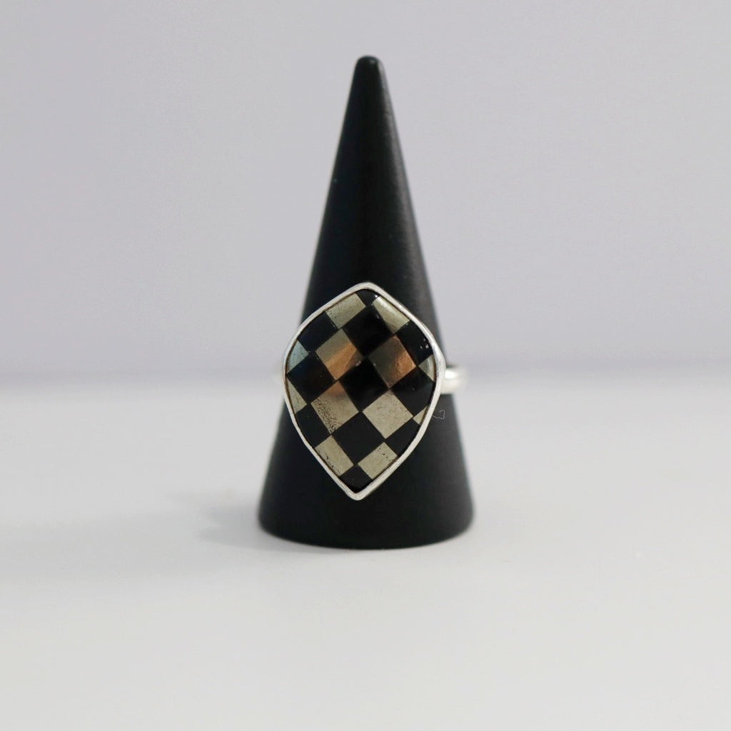 Checkered Shield Ring in Sterling Silver / Onyx & Pyrite / Ready to Ship size 8