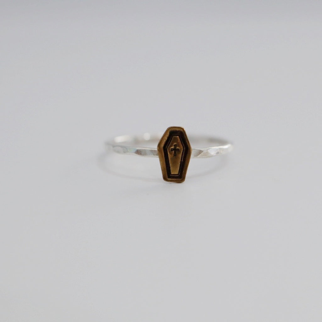 Dainty coffin stacking ring in mixed metal