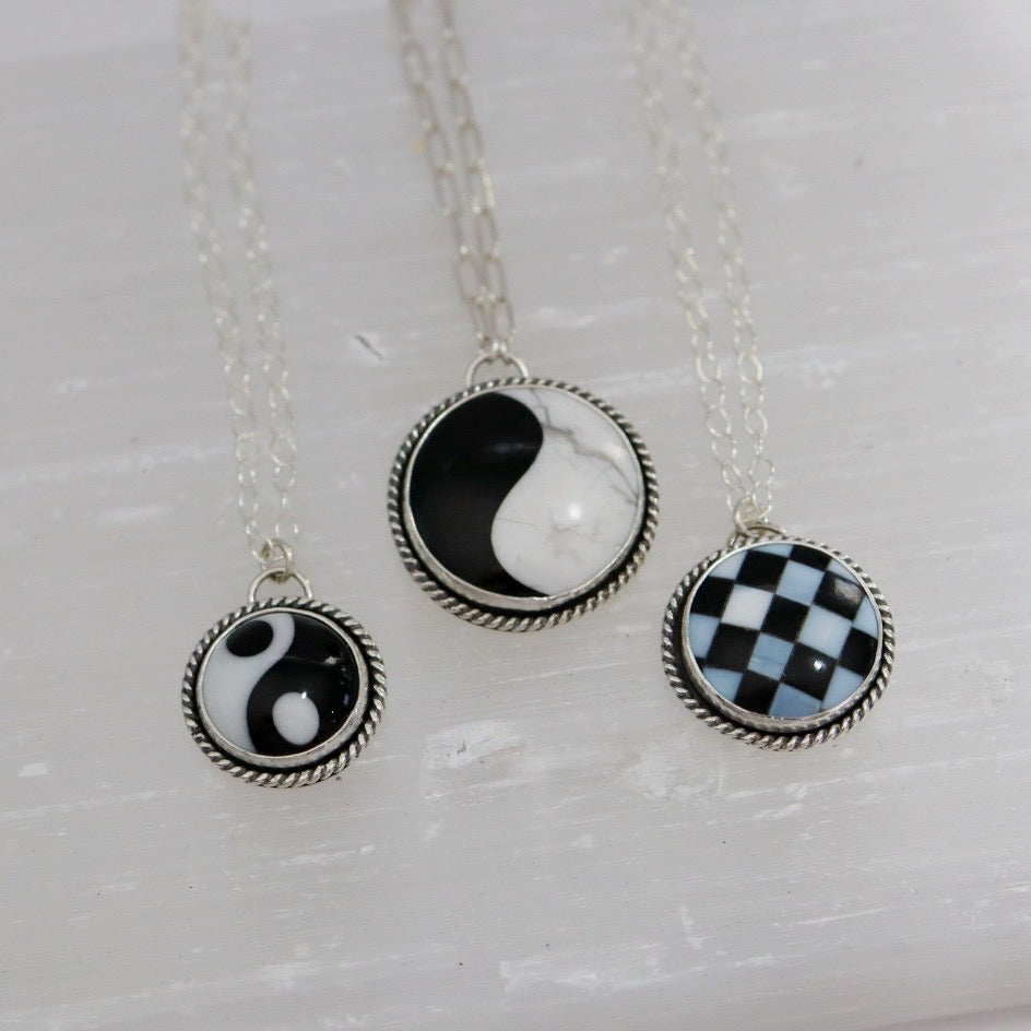 Black and White Checkered Gemstone Necklace in Sterling Silver / Ready to Ship