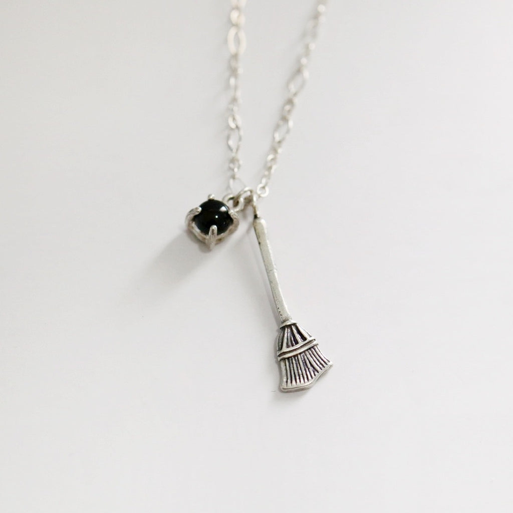 Broom and Gemstone Sterling Silver Charm Necklace / Ready to ship