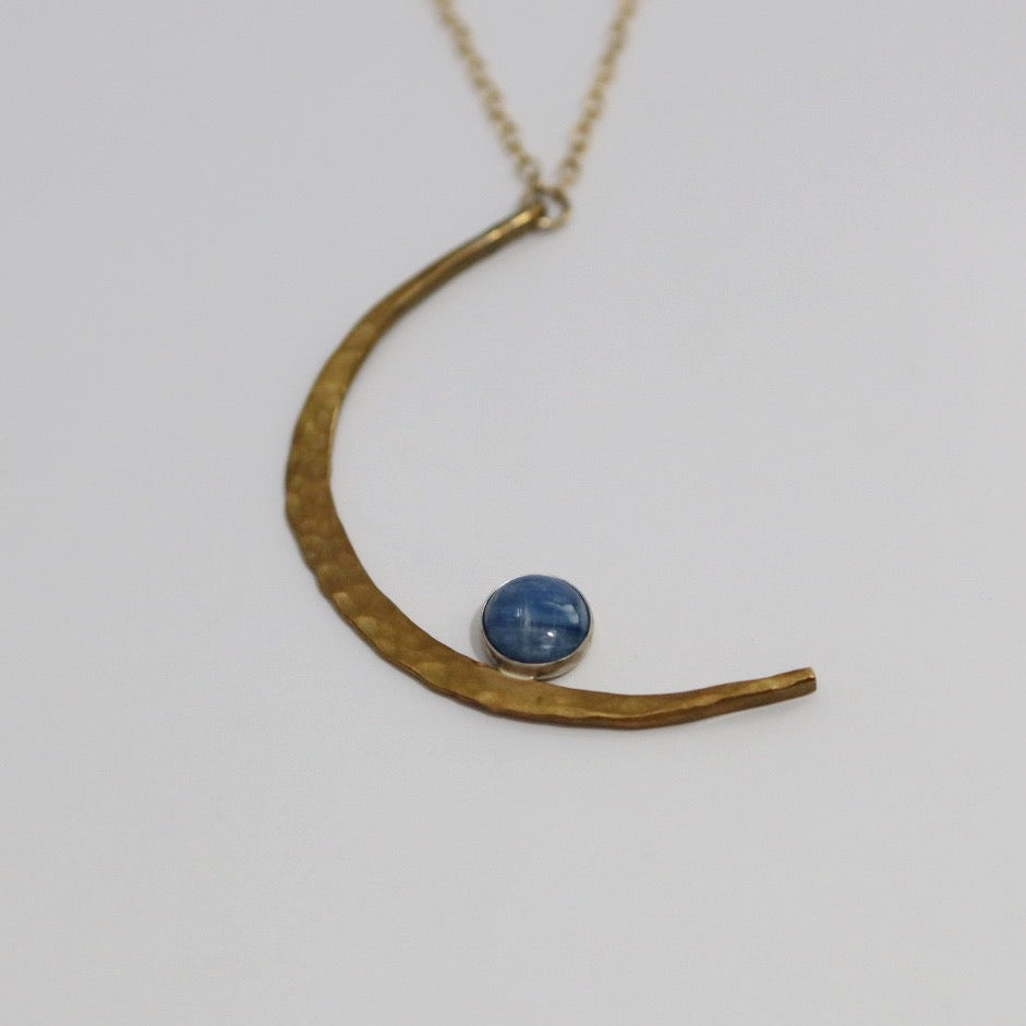 Brass Hammered Moon Celestial Necklace - Ready to ship in Brass And Kyanite