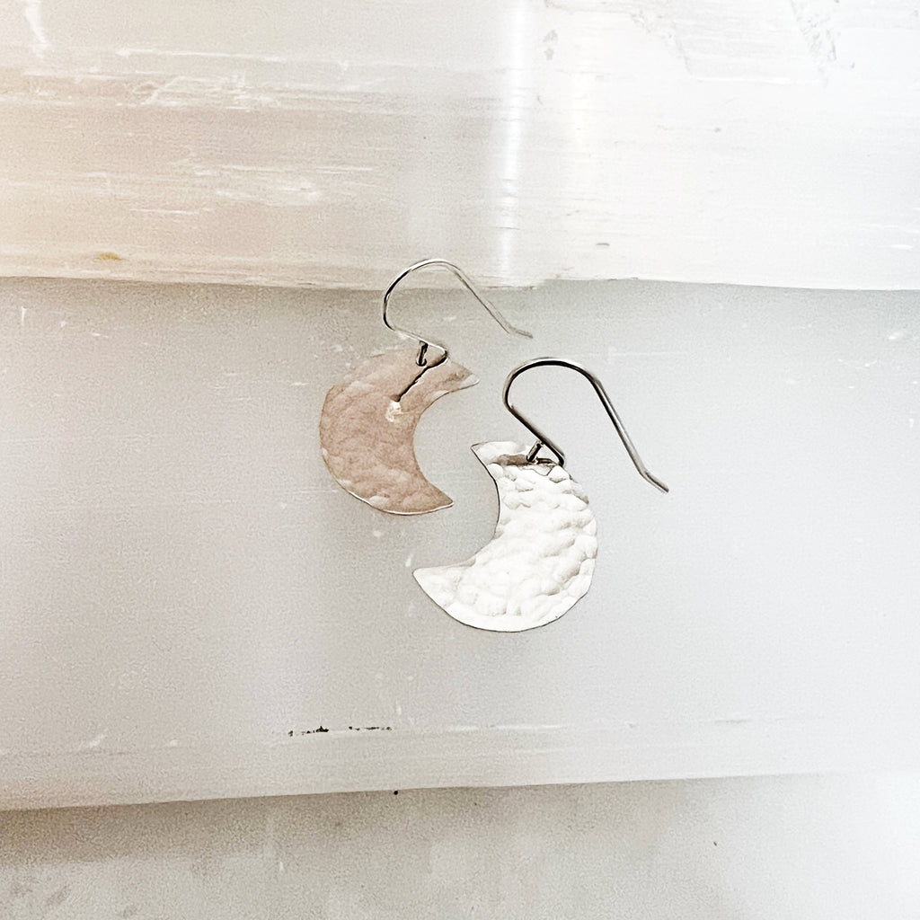 Celestial Hammered Moon Earrings in Sterling Silver / ready to ship