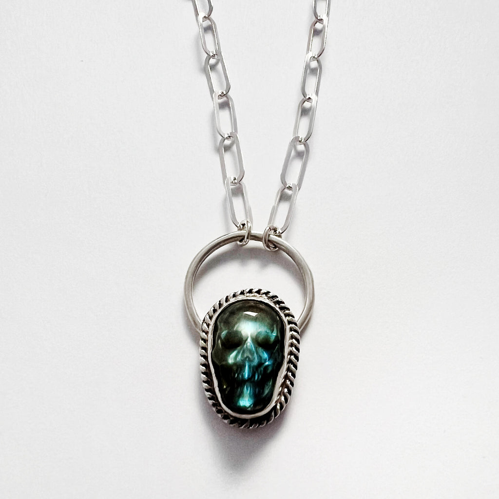 Labradorite Gemstone Skull Necklace in Sterling Silver