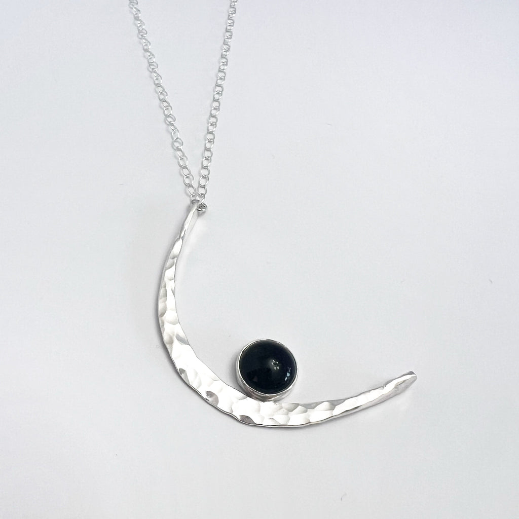 Sterling Silver Hammered Moon and Black Obsidian Necklace