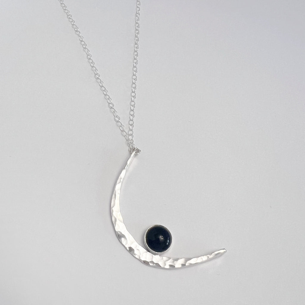 Sterling Silver Hammered Moon and Black Obsidian Necklace
