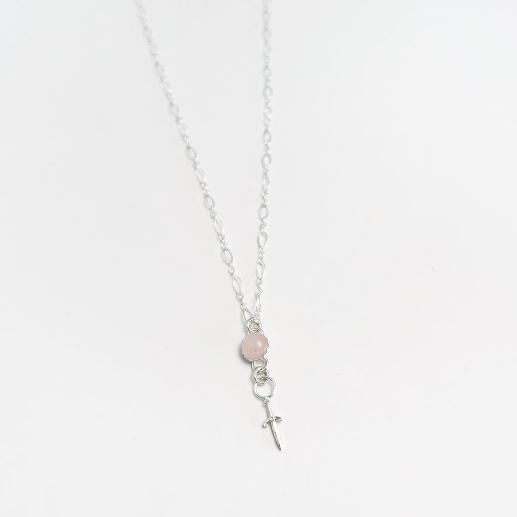 Rose Quartz, Mini Dagger, and Sterling Silver Charm Necklace