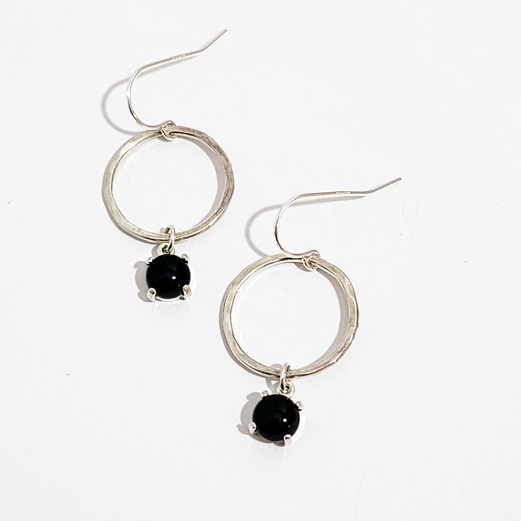 Hammered Circle Gemstone Earrings in Sterling Silver / ready to ship