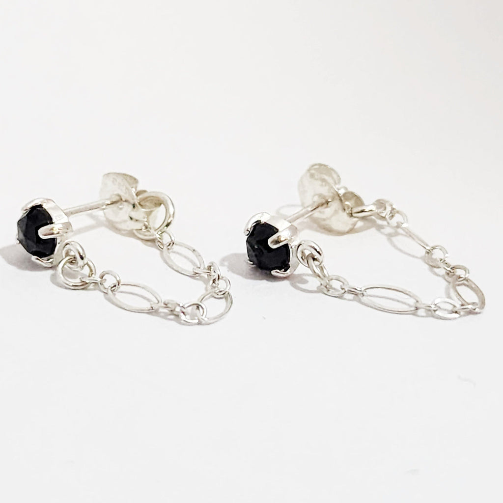 Gemstone Chain Drop Earrings in Sterling Silver - Opal or Black Spinel
