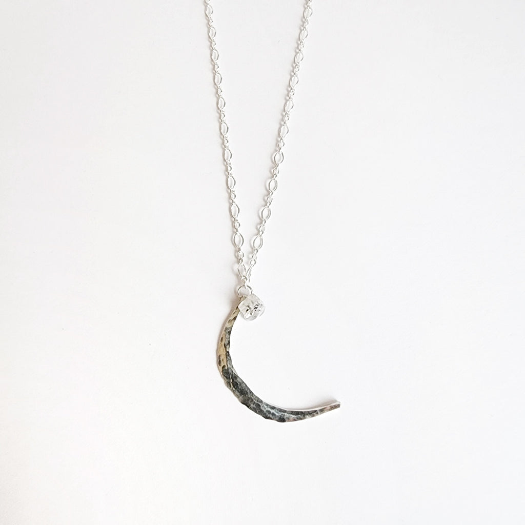 Sterling Silver Hammered Moon Necklace with Quartz Gemstone / Ready to ship