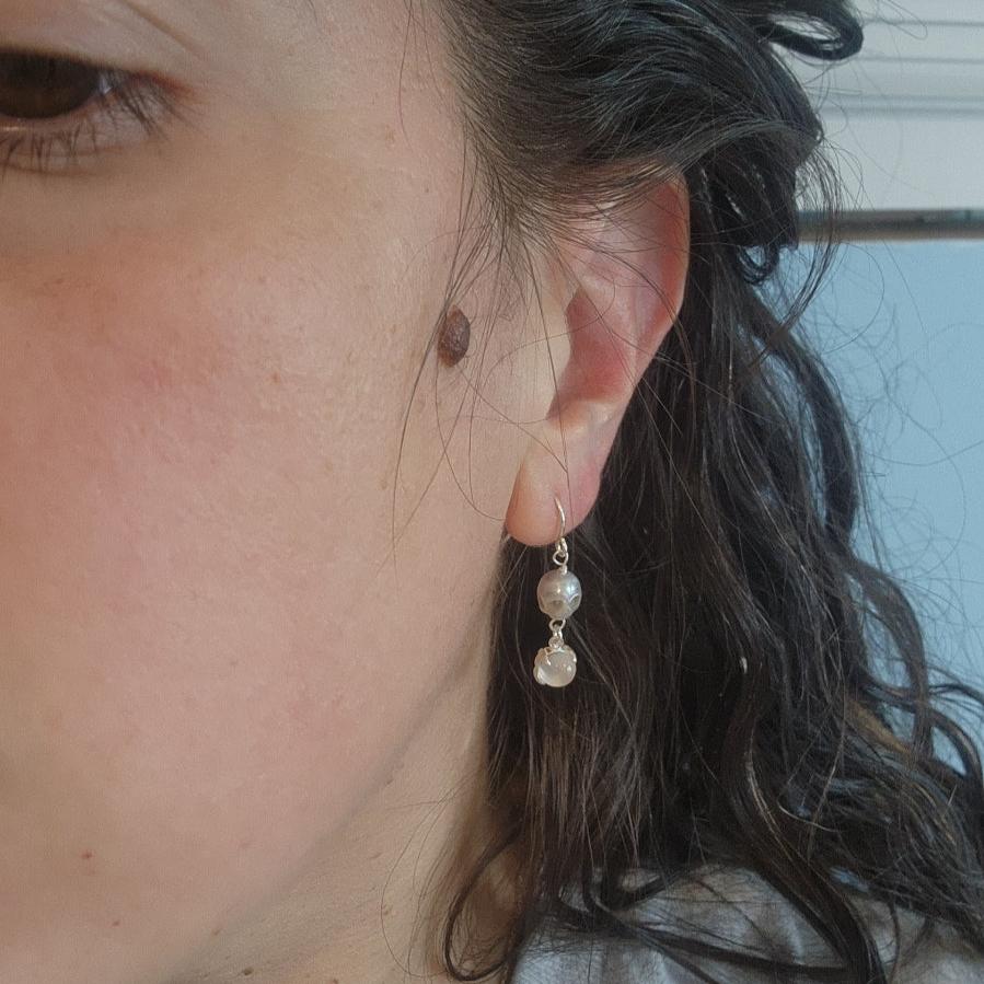 Skull Pearl and Moonstone Sterling Silver Earrings / ready to ship