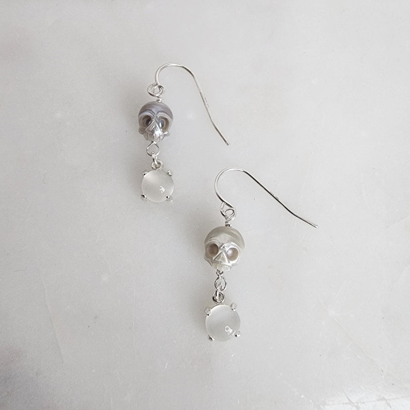 Skull Pearl and Moonstone Sterling Silver Earrings / ready to ship
