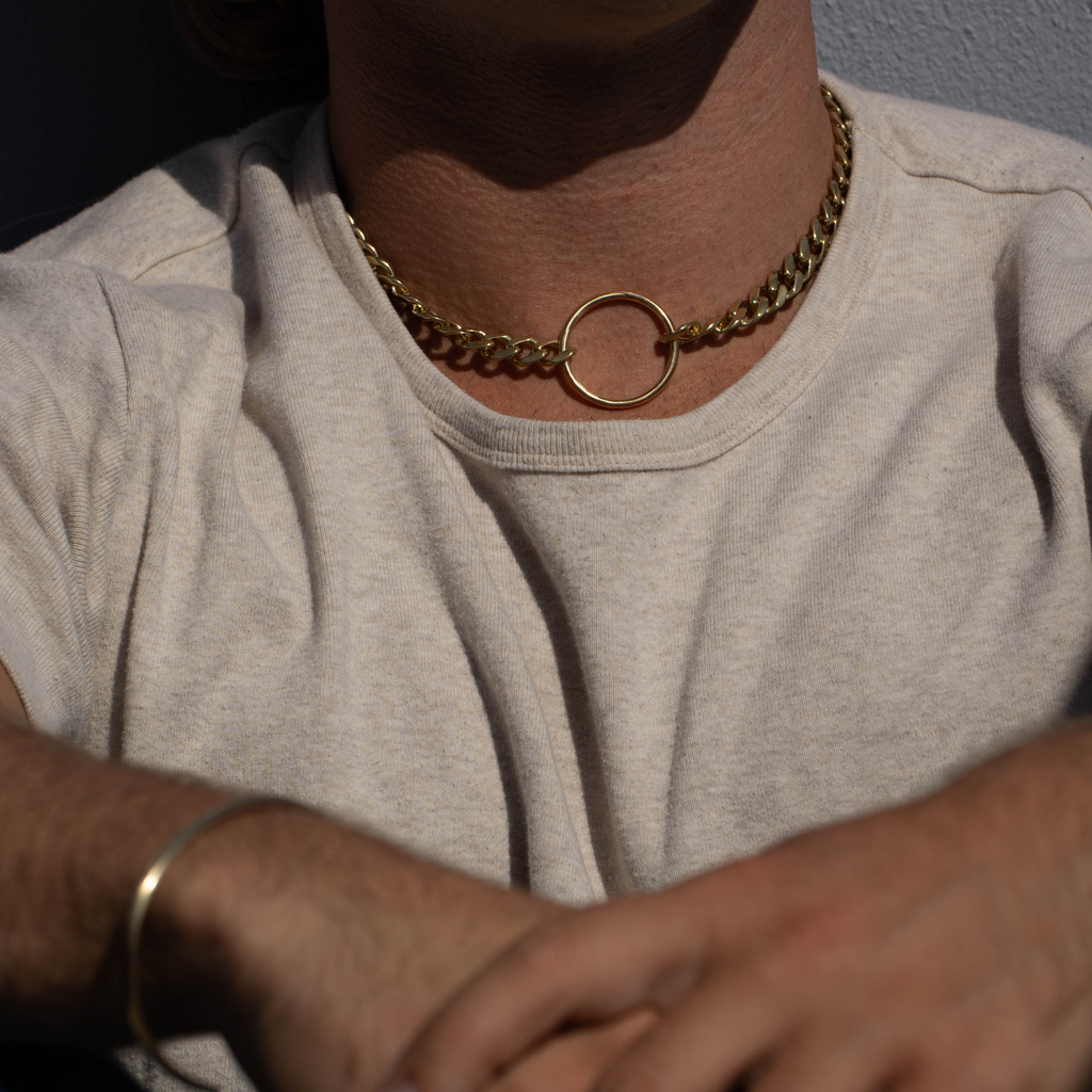 mens chunky chain and circle necklace in brass - metrix jewelry 
