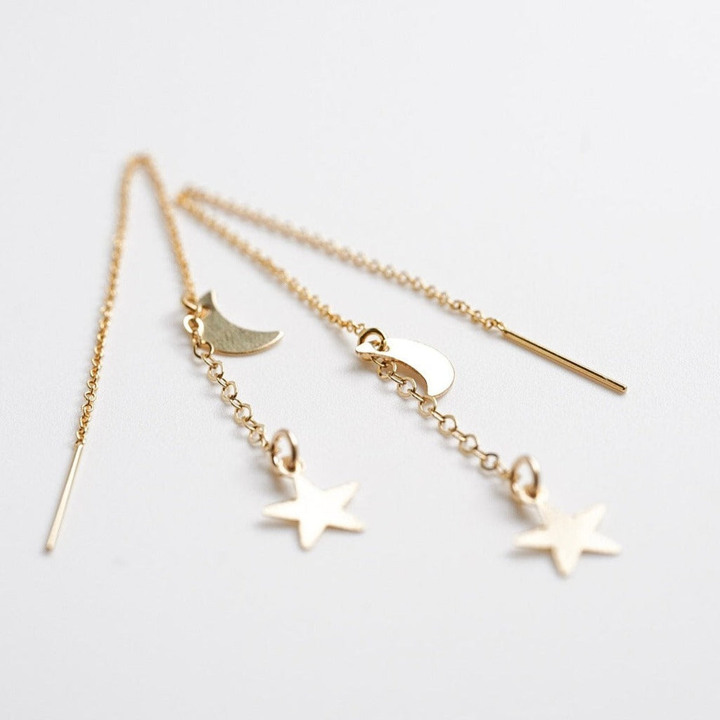 celestial drop moon and star threader earrings