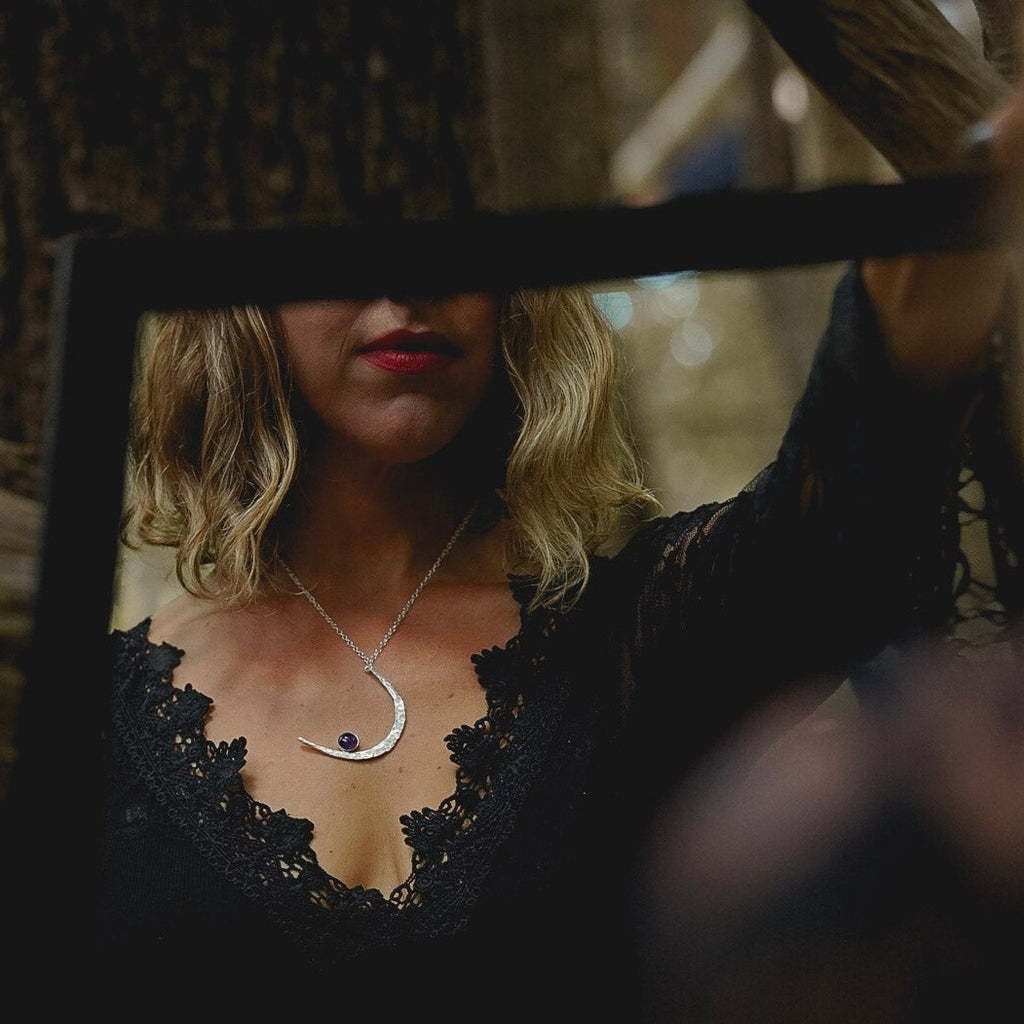 Hammered Moon Celestial Necklace - MADE TO ORDER / Choose Your Metal and Gemstone