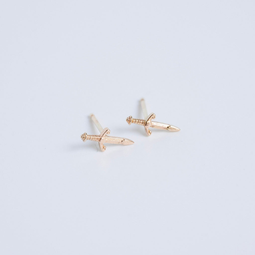 yellow gold mini dagger sword stud earrings
