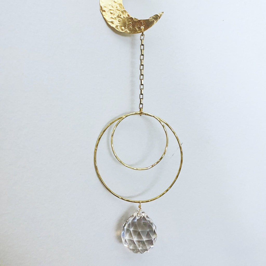 Sun Catcher; Brass Hammered Moon and Circle Drop