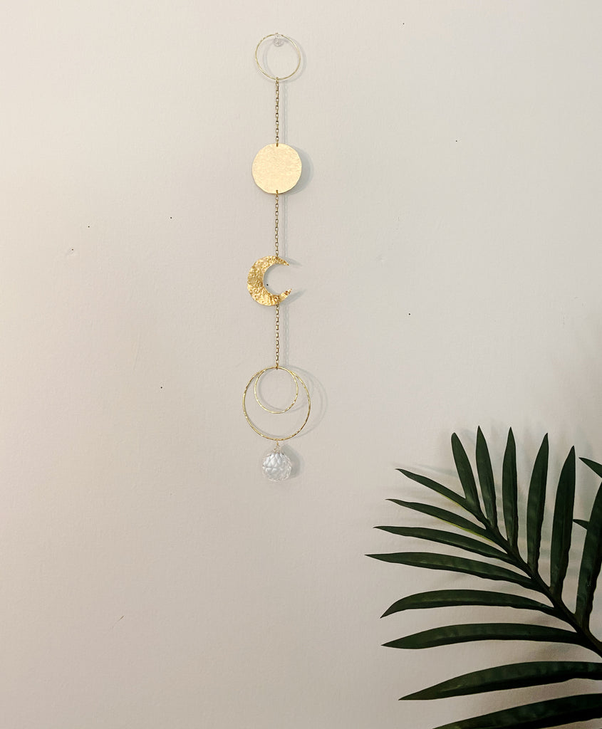 Sun Catcher; Brass Hammered Moon and Circle Drop