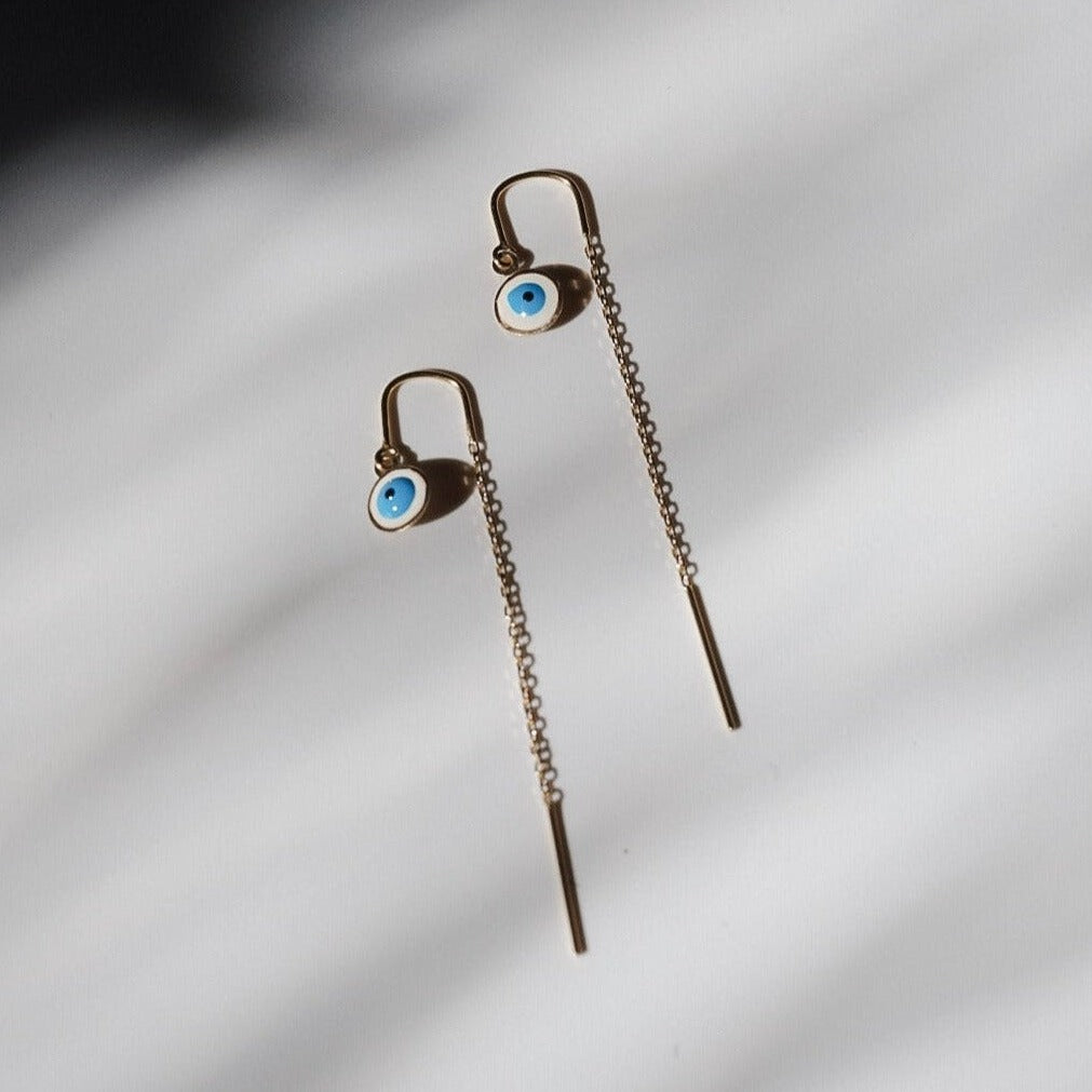 14 Karat Yellow Gold Evil Eye Earring Threaders