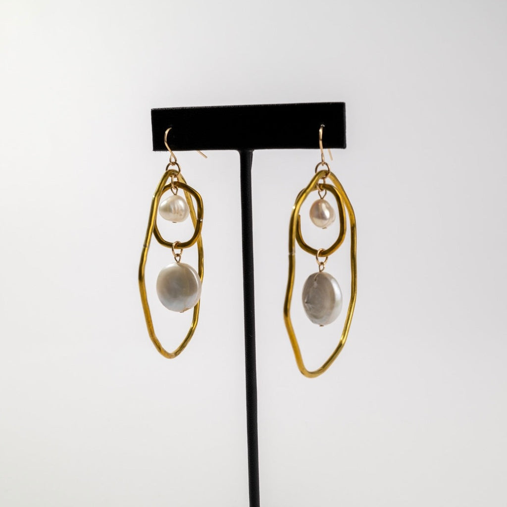 Organic Brass and Freshwater Pearl Drop Earrings