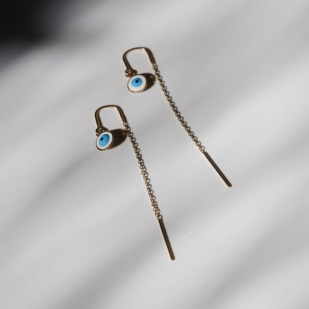 14 Karat Yellow Gold Evil Eye Earring Threaders